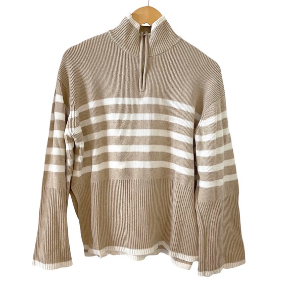 Rails Tessa Sand Stripe Mock Neck Quarter Zip Ribbed Knit Sweater Medium - Picture 4 of 10